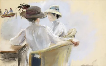 Duas senhoras pela água (pastel no papel)